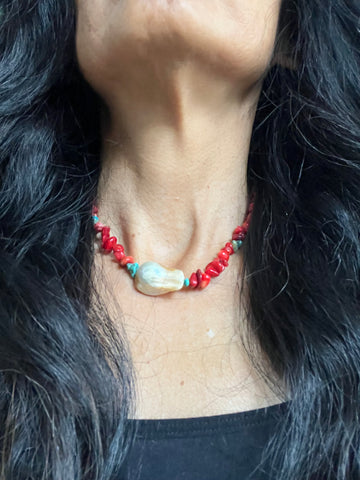 Baroque Pearl CRYSTAL Bead Necklace( Red Coral /Turquoise)NEW - Honorooroo Lifestyle
