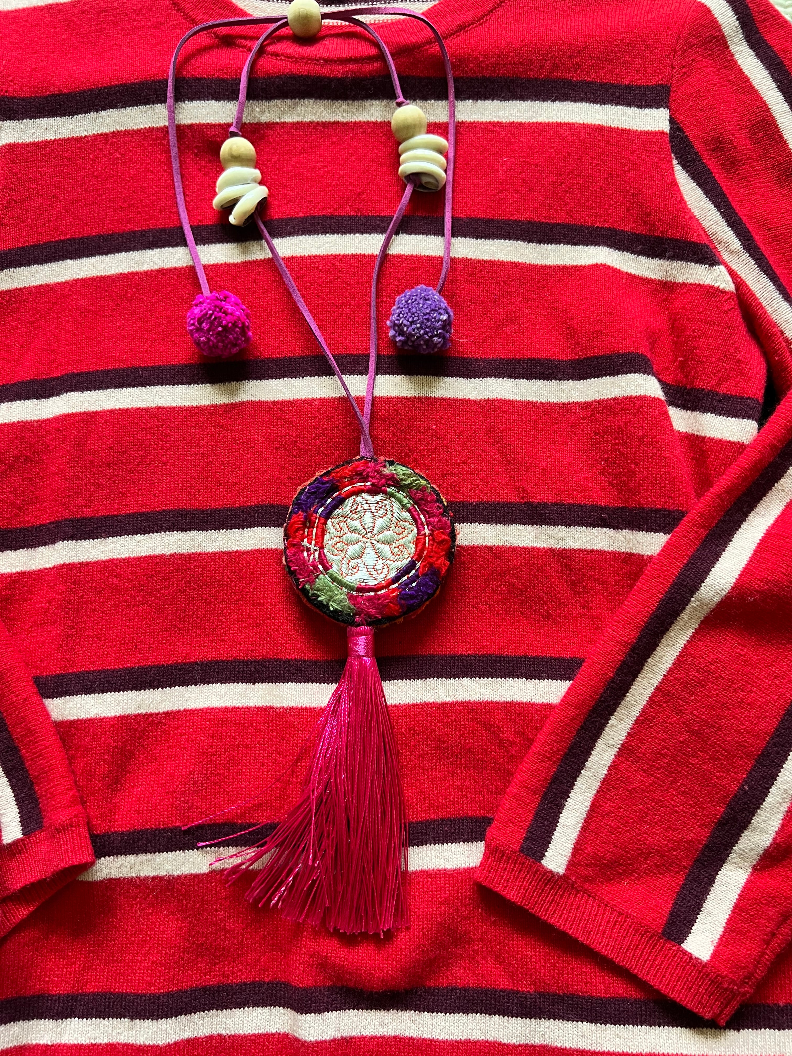 BOHO TASSEL POMPOM Necklace| Banjara Medallion| Hand Made in Hawaii| Cowry Shells| - Honorooroo Lifestyle