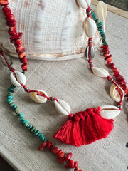 PUKALANI Duo Necklace Set (Turquoise/Red Coral/Cowry Shell)NEW - Honorooroo Lifestyle