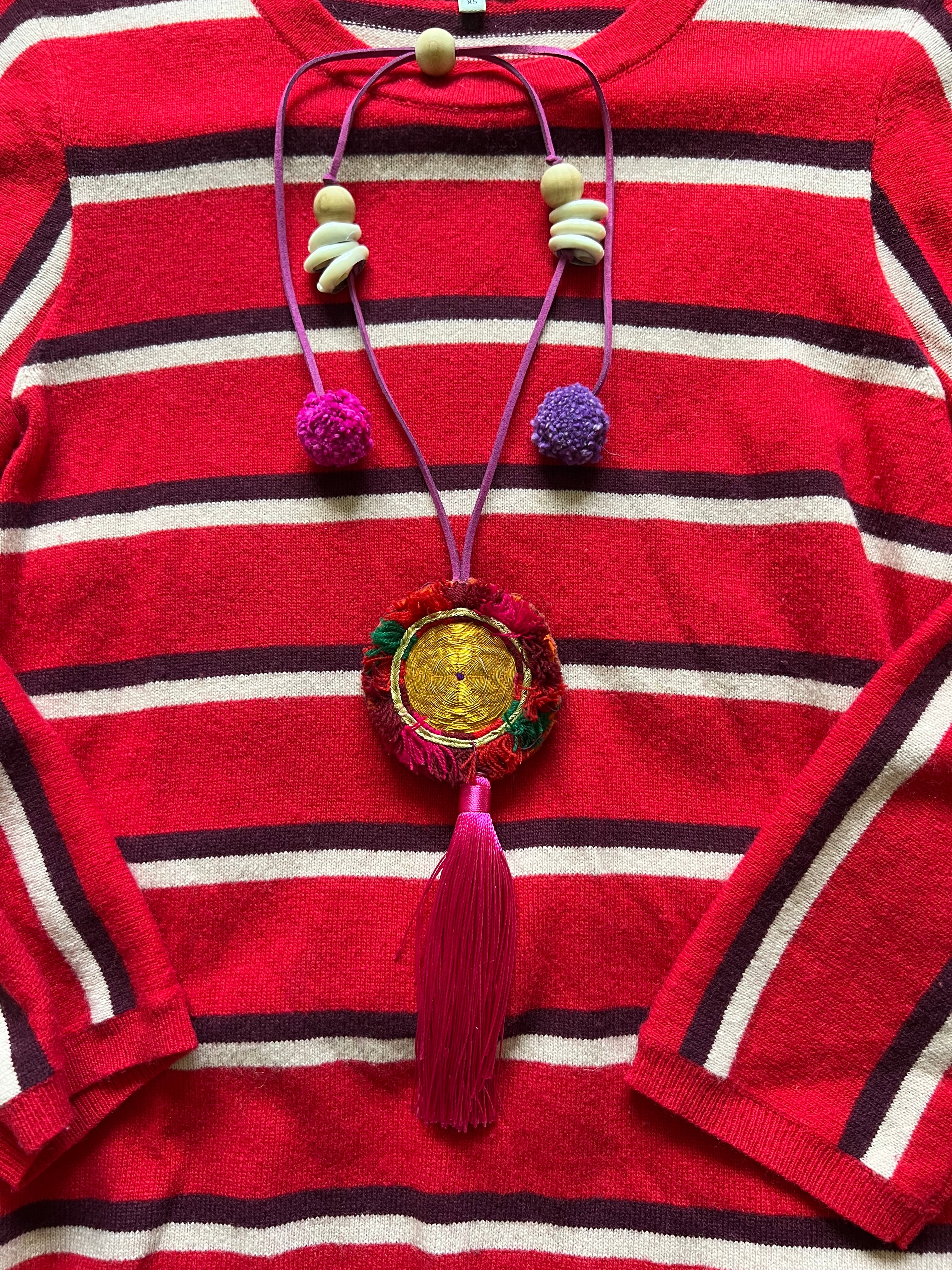 BOHO TASSEL POMPOM Necklace| Banjara Medallion| Hand Made in Hawaii| Cowry Shells| - Honorooroo Lifestyle