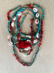 PUKALANI Duo Necklace Set (Turquoise/Red Coral/Cowry Shell)NEW - Honorooroo Lifestyle