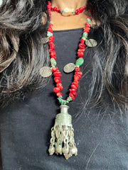 Turquoise Coral CRYSTAL chip  Necklace| Vintage BANJARA Patina Bell Pendant - Honorooroo Lifestyle