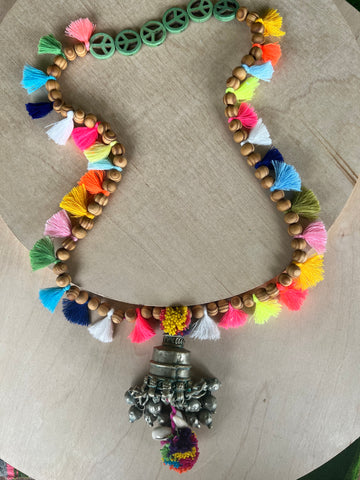 CHAKRA BANJARA BELL| Tassel Pom Pom| Wooden Mala Beads Neck Lei ( Rainbow) New - Honorooroo Lifestyle