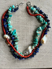 BAROQUE Pearl Triple Layer Necklace (Turquoise Lapiz & Red Coral) NEW - Honorooroo Lifestyle