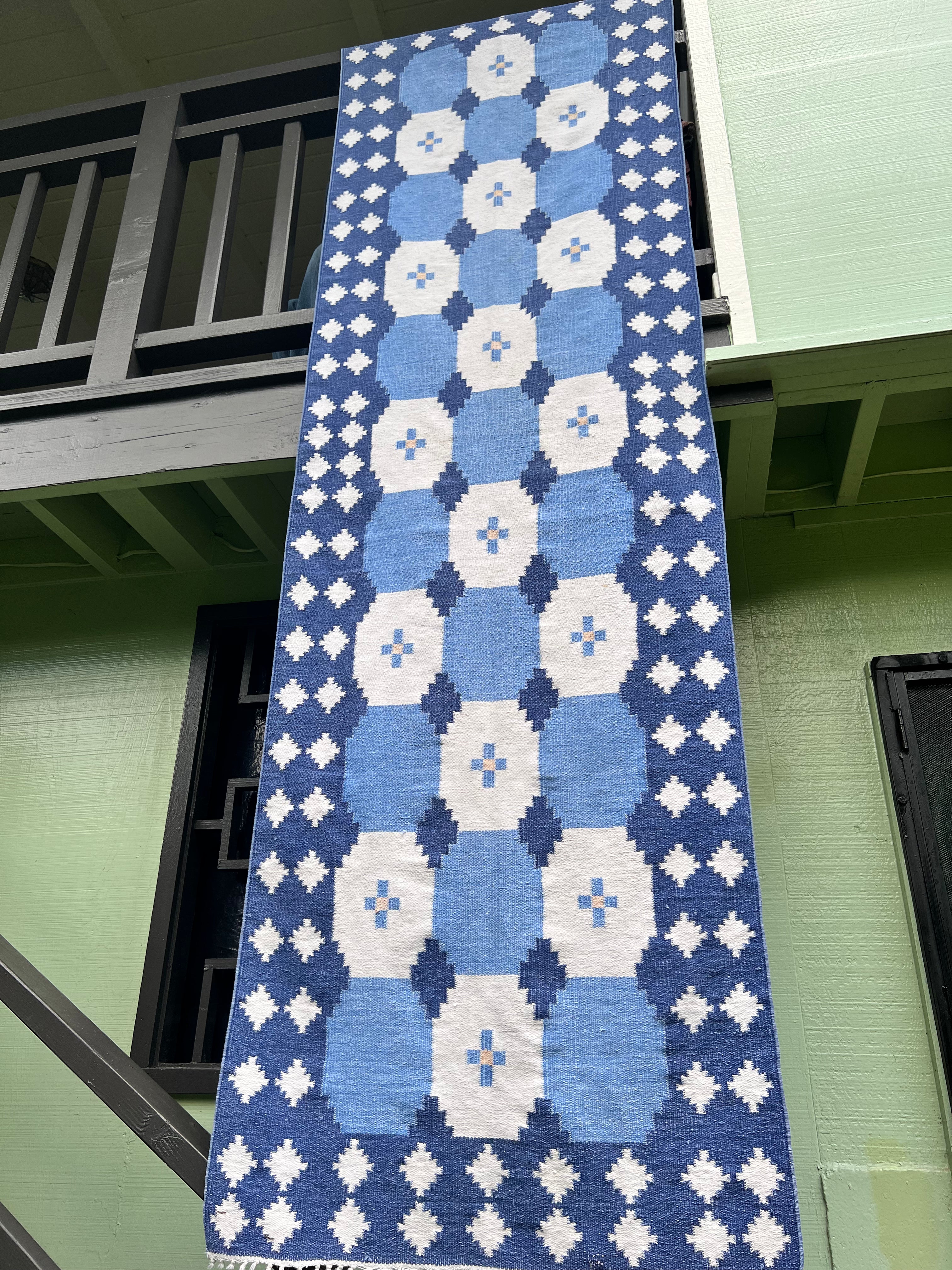 SOLD OUT‼️MODERN KILIM RUNNER| Hand-Woven| Vintage| Blue and White| 8’ x 2’ - Honorooroo Lifestyle