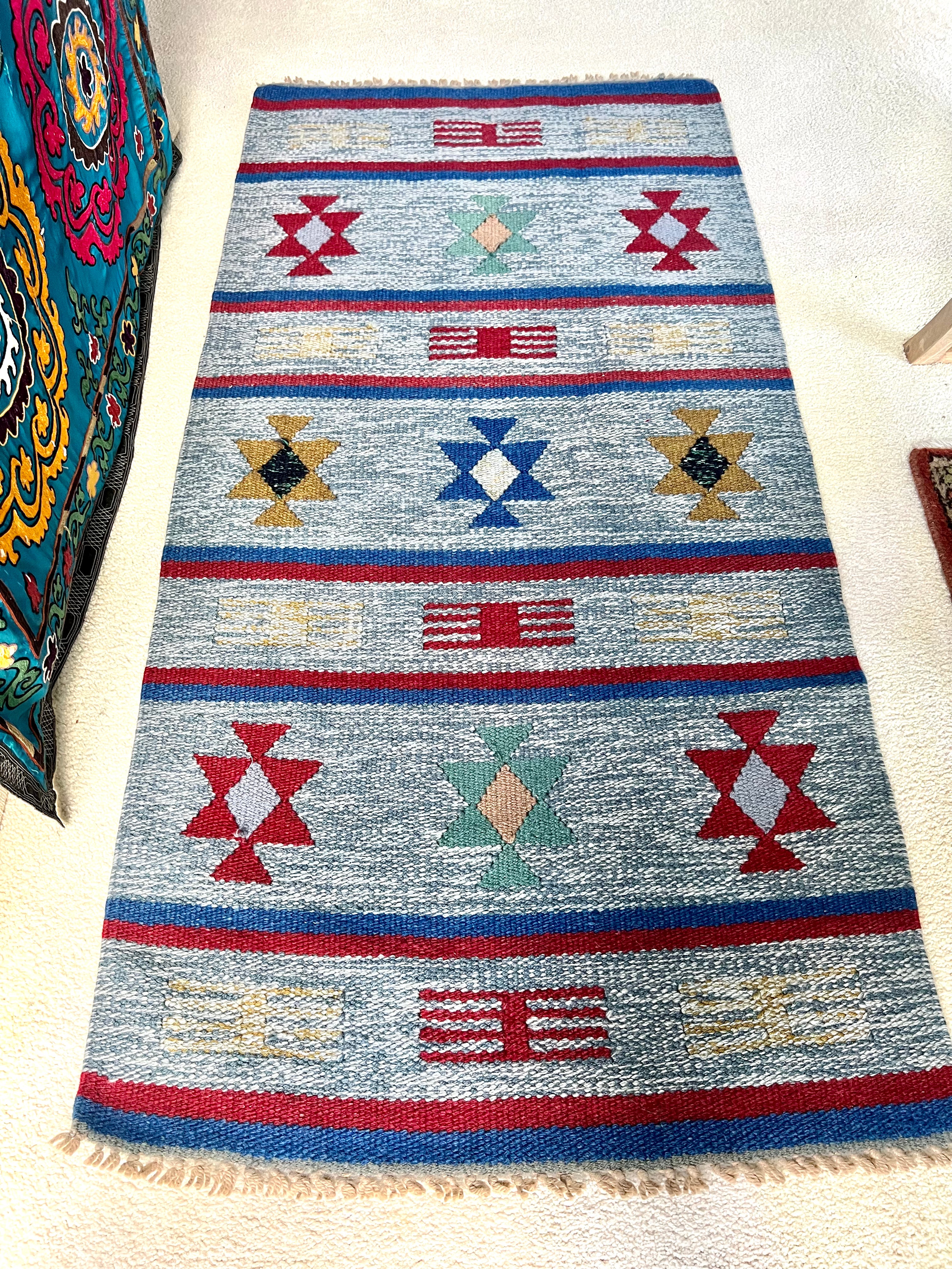 HAND-KNOTTED VINTAGE| South American Kilim|Authentic| Area Rug 5.6 x 2.9 Ft. (Light Blue) - Honorooroo Lifestyle