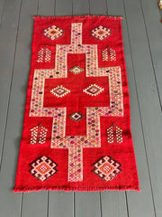 MOROCCAN TRIBAL KILIM| Wool Vintage Flat weave| Red YASMINE| Hand-Knotted| Sumouk|  3.10’ x 2.2’ - Honorooroo Lifestyle