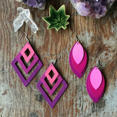 Wood Laser Cut earrings| Colorful gradient Layers| Diamond and Teardrop Style| HOT PINK - Honorooroo Lifestyle