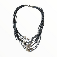 Multi Strand Pearl & Vegan Leather Necklace| Grey| - Honorooroo Lifestyle