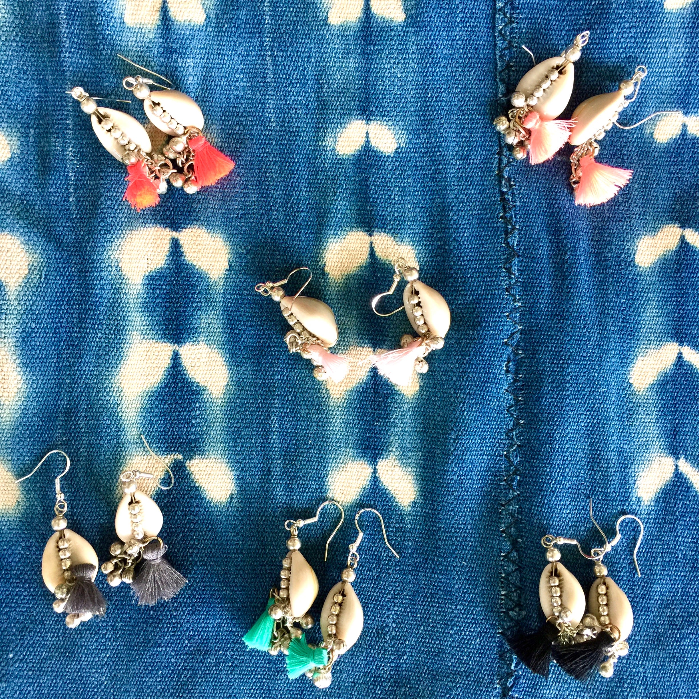 HAWAII COWRY shell earrings| Banjara silver bells| Color Tassels - Honorooroo Lifestyle