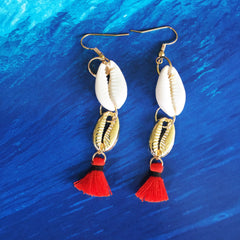 Seashell Tassel Earrings|Cowrie Shell | Red - Honorooroo Lifestyle