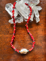 Baroque Pearl CRYSTAL Bead Necklace( Red Coral /Turquoise) - Honorooroo Lifestyle