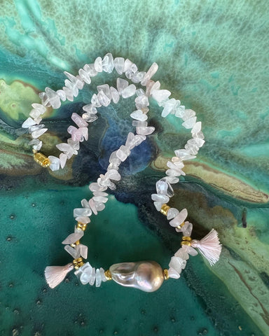 Baroque Pearl CRYSTAL Bead Necklace| Pink tassels ( Rose Quartz) - Honorooroo Lifestyle