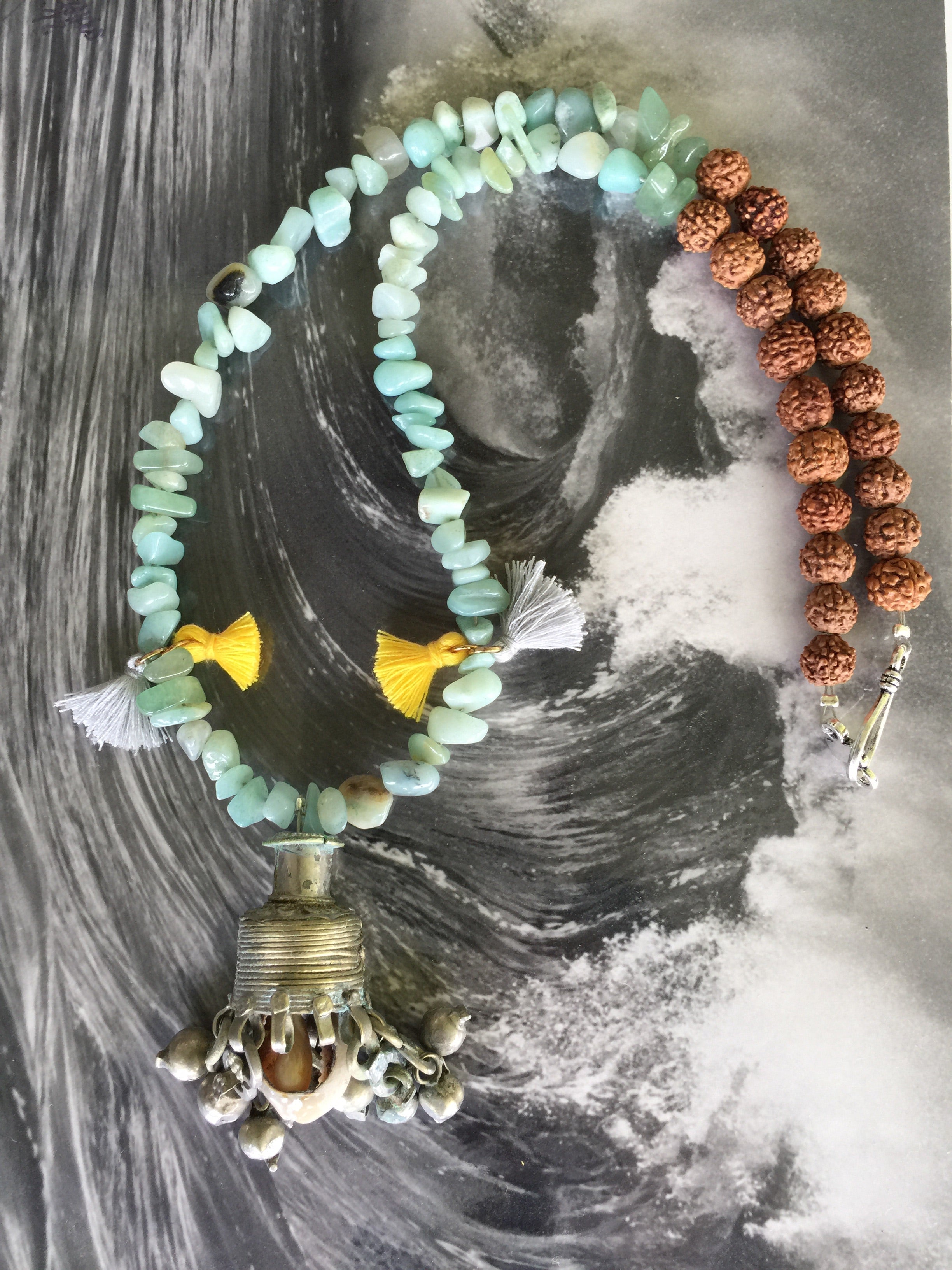 AMAZONITE CRYSTAL chips Necklace| Vintage BANJARA Patina Bell Pendant - Honorooroo Lifestyle