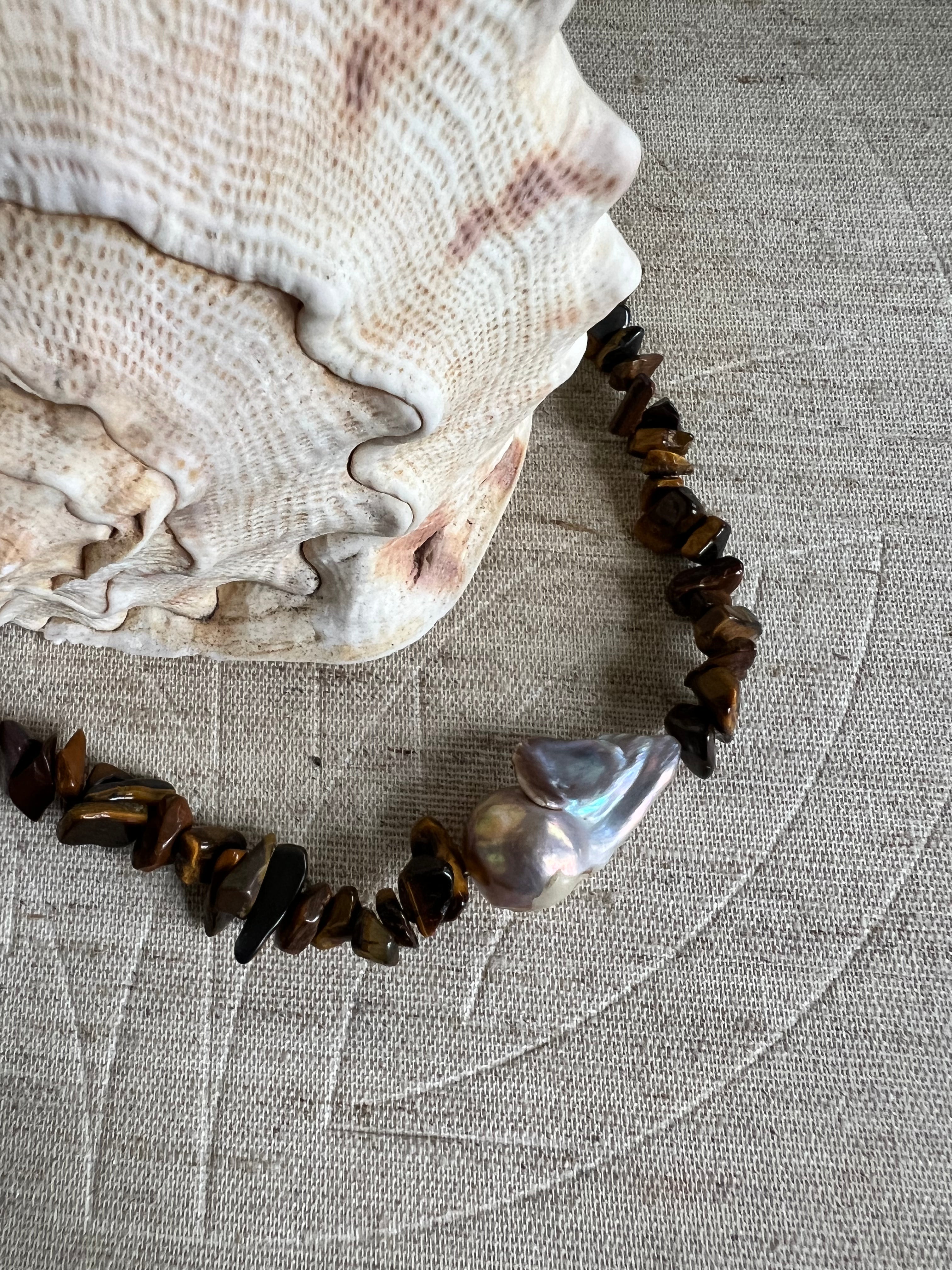 Baroque Pearl CRYSTAL Bead Necklace ( Tiger Eye) - Honorooroo Lifestyle