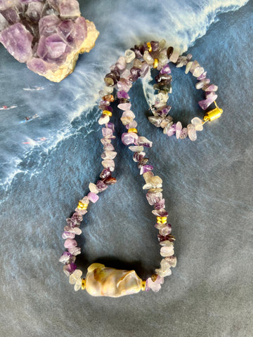 Baroque Pearl CRYSTAL Bead Necklace( Amethyst) - Honorooroo Lifestyle