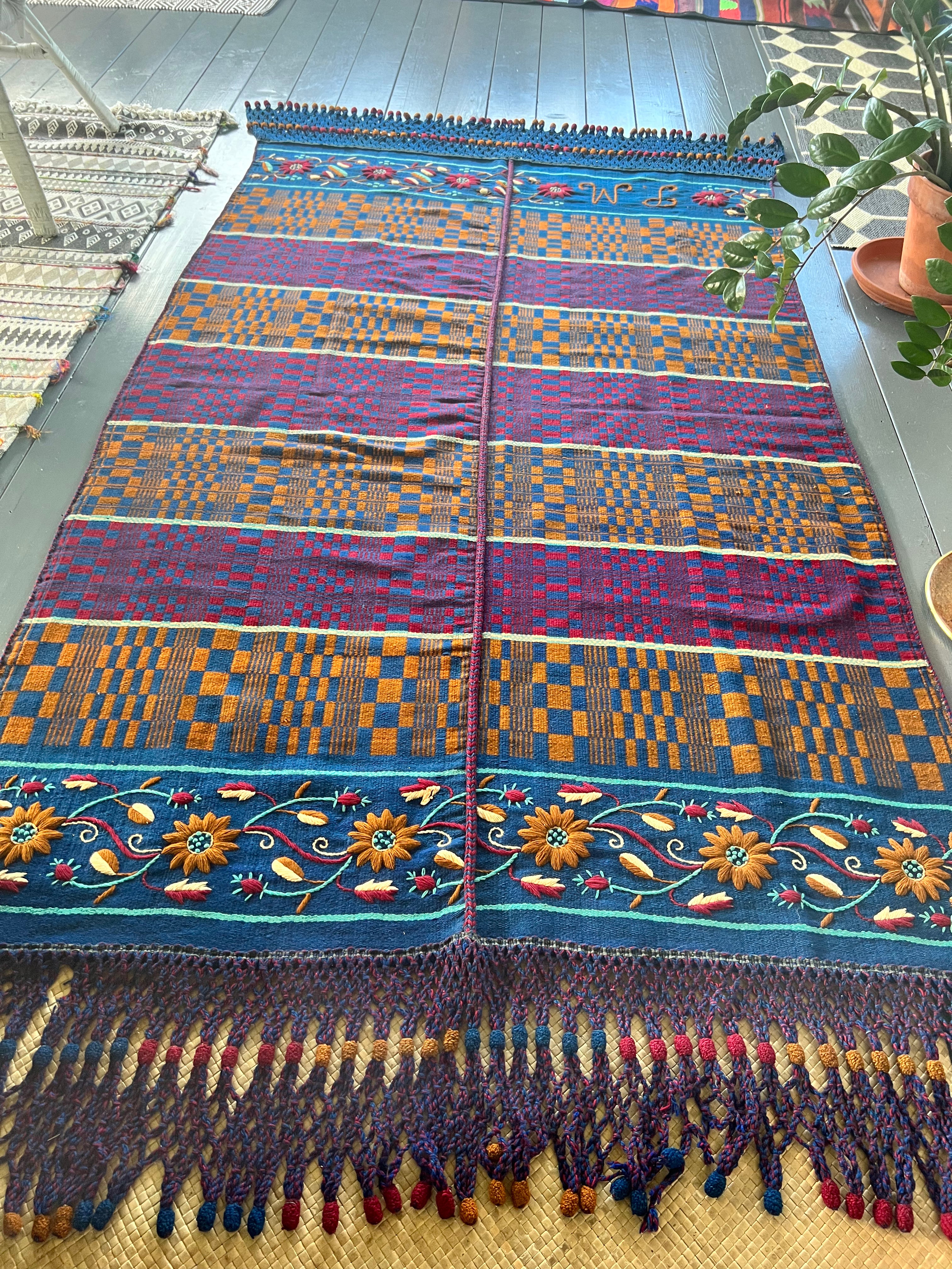 AUTHENTIC HAND-KNOTTED |Vintage Embroidered |Pictorial Wool Kilim Area| 7’ x 4’ - Honorooroo Lifestyle