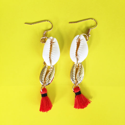 Seashell Tassel Earrings|Cowrie Shell | Red - Honorooroo Lifestyle
