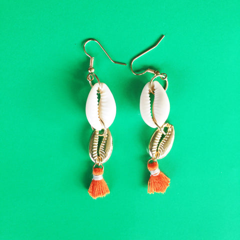 Seashell Earrings |Cowrie Shell|White|Orange - Honorooroo Lifestyle