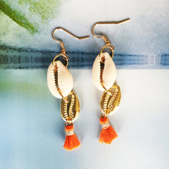 Seashell Earrings |Cowrie Shell|White|Orange - Honorooroo Lifestyle