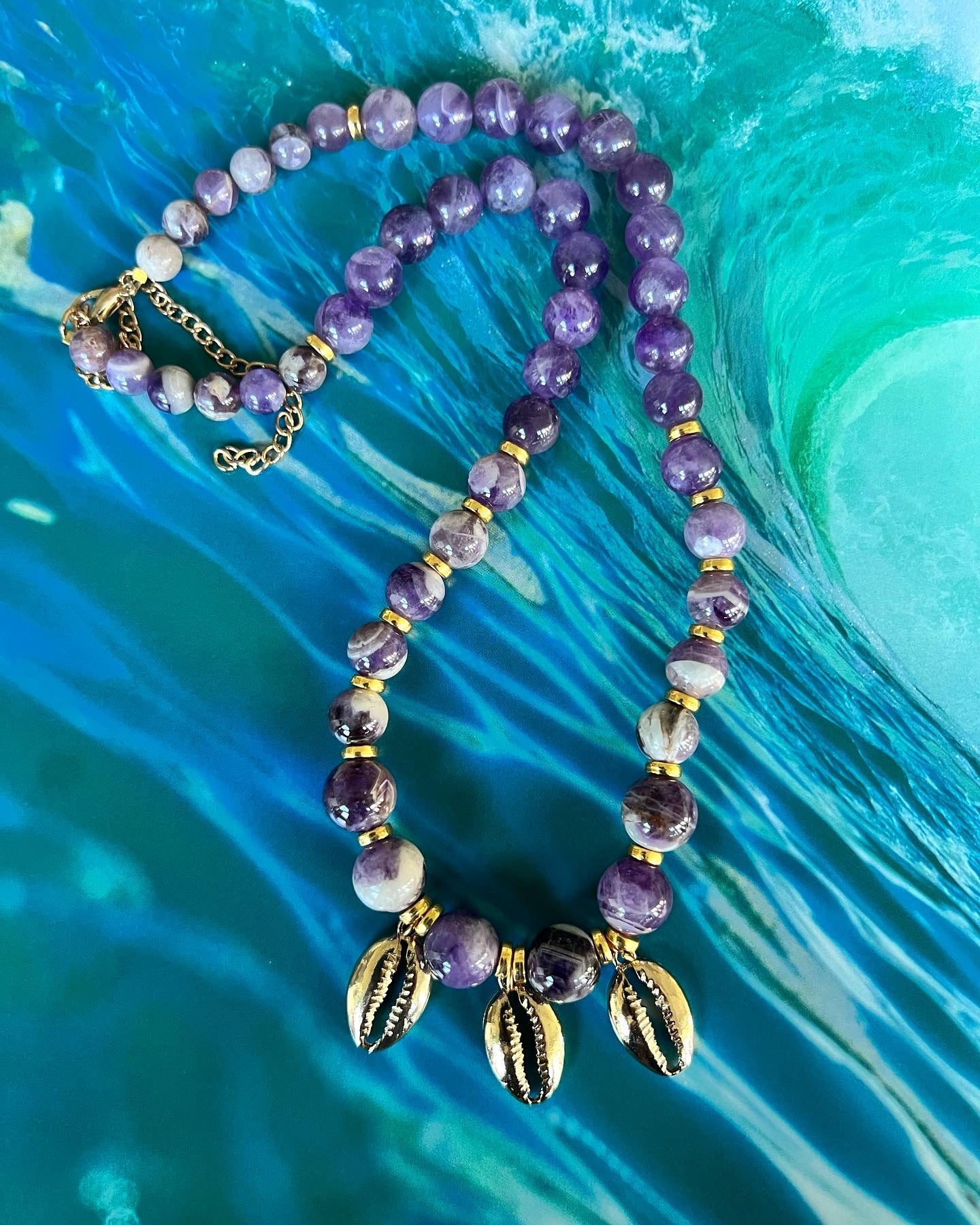 Amethyst Crystal GOLD Cowry Necklace - Honorooroo Lifestyle