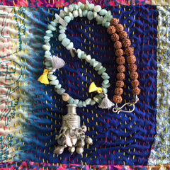 AMAZONITE CRYSTAL chips Necklace| Vintage BANJARA Patina Bell Pendant - Honorooroo Lifestyle