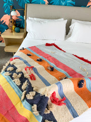 BOHO POM POM Throw|Modern Bohemian Blanket|Caribbean pastel| - Honorooroo Lifestyle