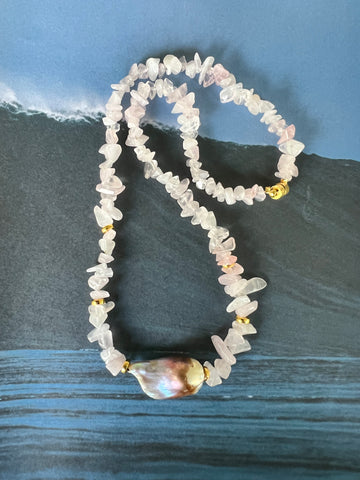 Baroque Pearl CRYSTAL Bead Necklace( Rose Quartz) - Honorooroo Lifestyle