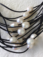 Multi Strand Pearl & Vegan Leather Necklace| Black| - Honorooroo Lifestyle