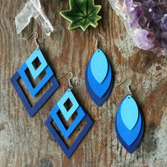 Wood Laser Cut earrings| Colorful gradient Layers| Diamond and Teardrop Style| BLUE - Honorooroo Lifestyle