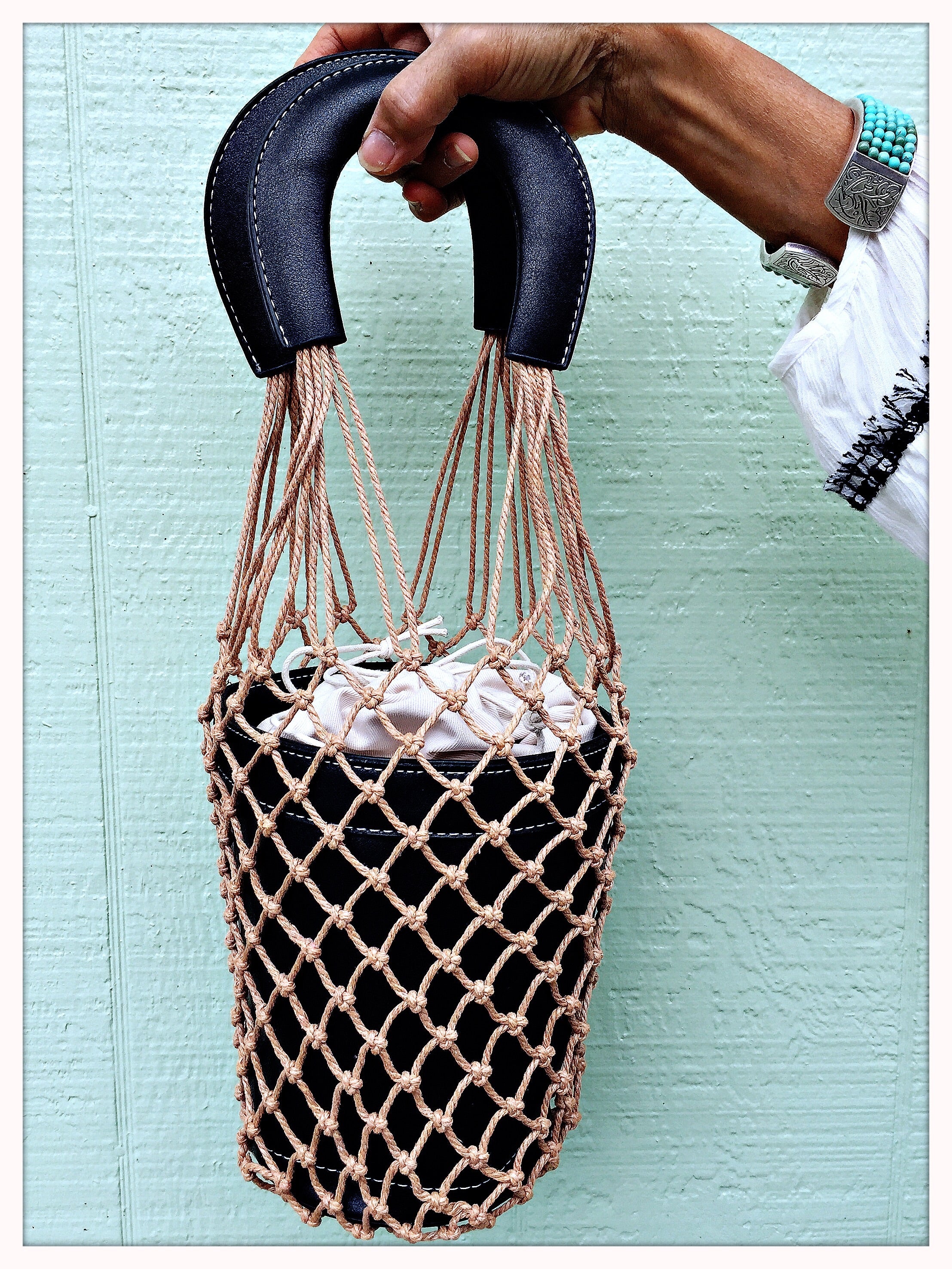 Macrame Bucket Bag| Jet Black | Summer BOHO Bag Trend| Fashion Fishnet Bag - Honorooroo Lifestyle